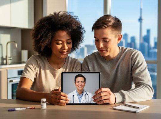 Diverse couple at a sunlit kitchen table in a Toronto condo on a video call with a fertility doctor on a tablet; CN Tower and skyline softly blurred in background; subtle unlabeled fertility tools on the table; calm, hopeful atmosphere.