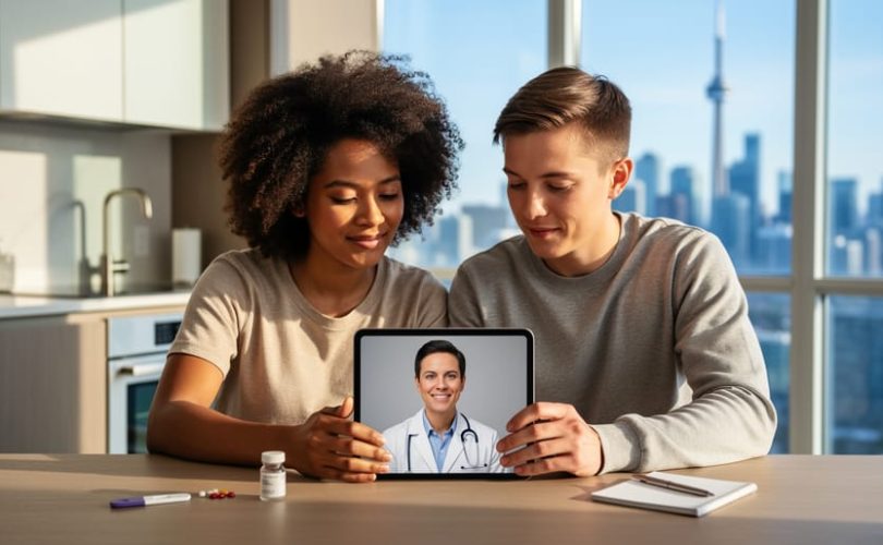 Diverse couple at a sunlit kitchen table in a Toronto condo on a video call with a fertility doctor on a tablet; CN Tower and skyline softly blurred in background; subtle unlabeled fertility tools on the table; calm, hopeful atmosphere.