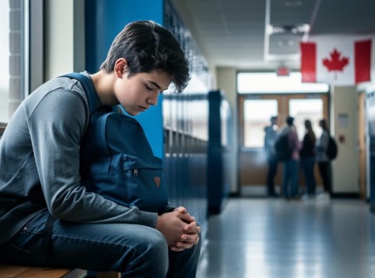 Teen sitting alone on a school hallway bench with backpack, looking pensive; blurred students near an exit with a faint vape cloud and a subtle Canadian flag in the background under soft overcast light.