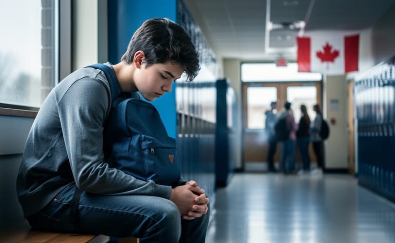 Teen sitting alone on a school hallway bench with backpack, looking pensive; blurred students near an exit with a faint vape cloud and a subtle Canadian flag in the background under soft overcast light.