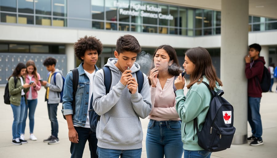 Group of diverse Canadian teenagers sitting together on school steps with smartphones
