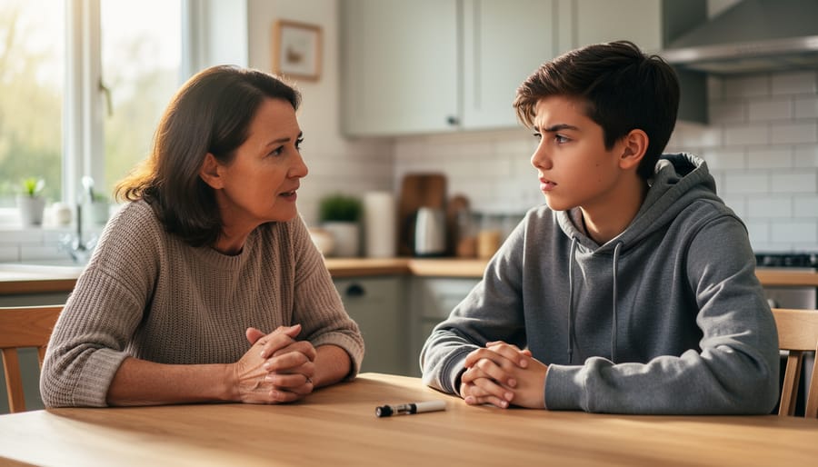 Parent and teenager having a supportive conversation together on living room couch