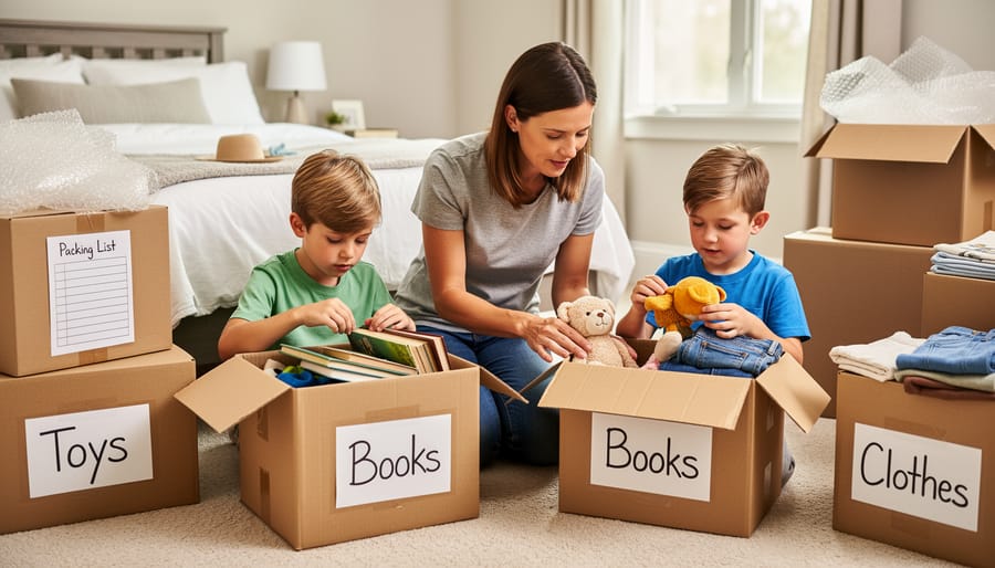 Young girl packing her favorite belongings into a moving box in her bedroom