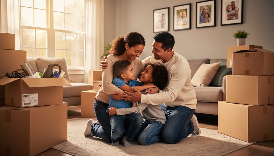 Family of four sitting together in close embrace on living room couch