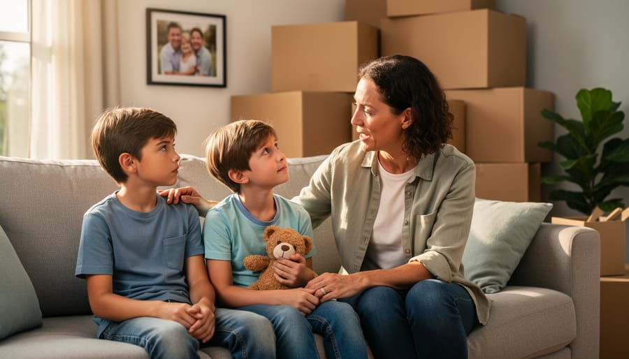 Parent and child sitting together having a caring conversation in child's bedroom