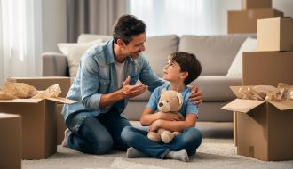 Parent kneels beside a child holding a stuffed toy in a living room with unlabeled moving boxes, speaking calmly in soft natural daylight.