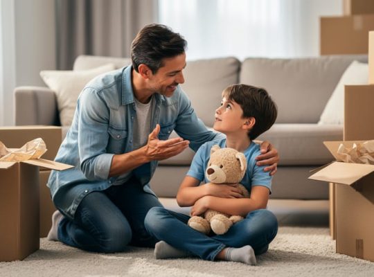 Parent kneels beside a child holding a stuffed toy in a living room with unlabeled moving boxes, speaking calmly in soft natural daylight.
