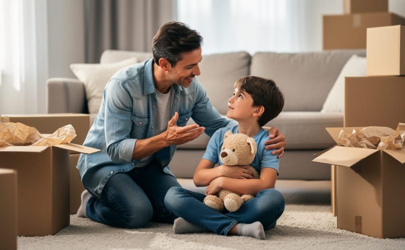 Parent kneels beside a child holding a stuffed toy in a living room with unlabeled moving boxes, speaking calmly in soft natural daylight.