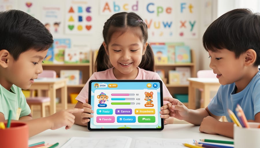 Child's finger interacting with colorful educational app interface on tablet