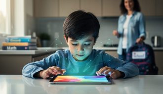 Elementary-school child using a tablet at a kitchen table in soft morning light, with subtle translucent geometric lines glowing from the screen to symbolize AI personalization and a supportive parent blurred in the background.