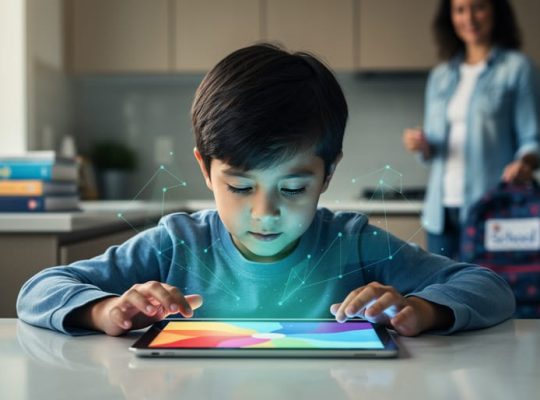 Elementary-school child using a tablet at a kitchen table in soft morning light, with subtle translucent geometric lines glowing from the screen to symbolize AI personalization and a supportive parent blurred in the background.