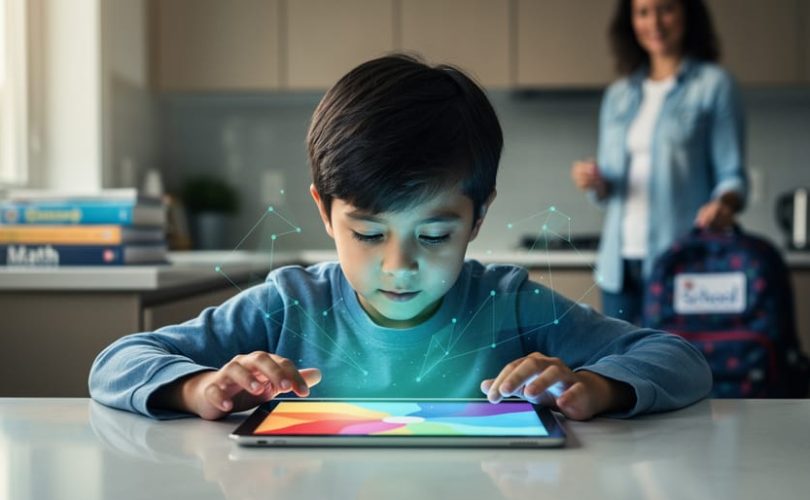 Elementary-school child using a tablet at a kitchen table in soft morning light, with subtle translucent geometric lines glowing from the screen to symbolize AI personalization and a supportive parent blurred in the background.