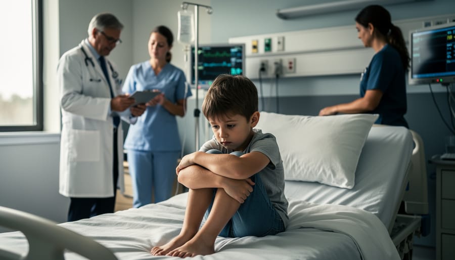 Young child sitting alone on bed with sad expression showing emotional isolation