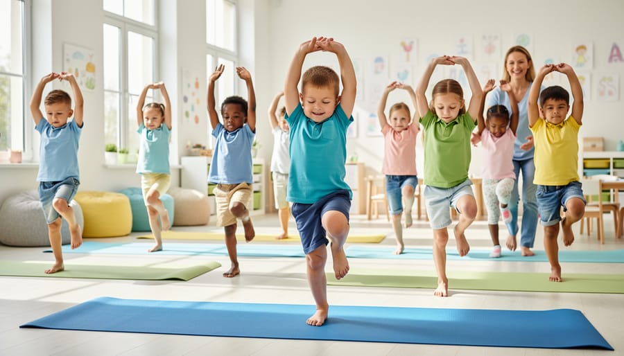 Young child practicing gentle stretching movement on yoga mat in home setting