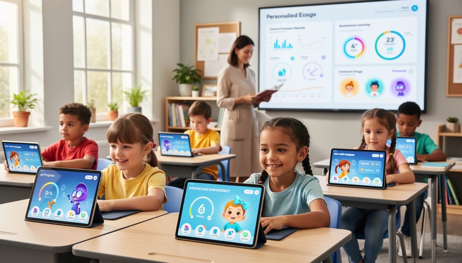 Child engaged with educational tablet app showing personalized learning content