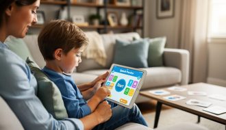 Child using a tablet for at-home speech practice on a living room sofa with a supportive parent beside them, soft window light, sharp focus on the child’s face and hands, blurred bookshelves and flashcards in the background with no on-screen text.