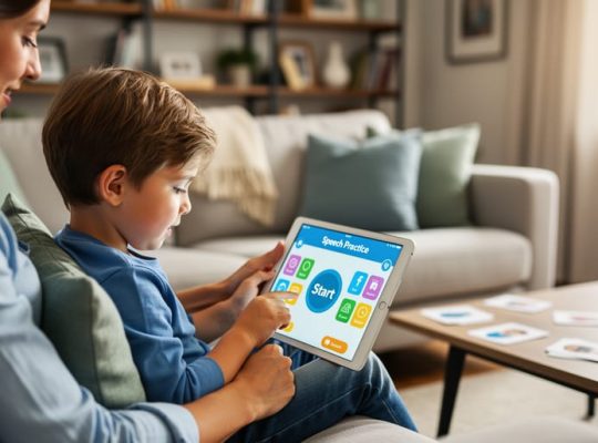 Child using a tablet for at-home speech practice on a living room sofa with a supportive parent beside them, soft window light, sharp focus on the child’s face and hands, blurred bookshelves and flashcards in the background with no on-screen text.