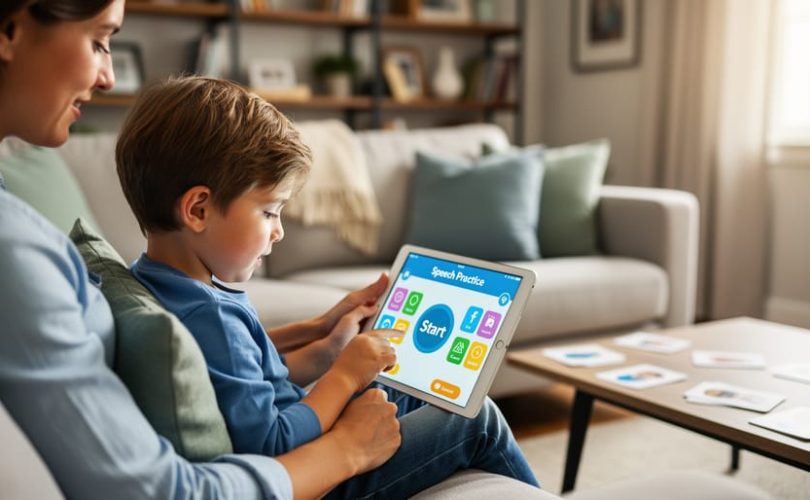 Child using a tablet for at-home speech practice on a living room sofa with a supportive parent beside them, soft window light, sharp focus on the child’s face and hands, blurred bookshelves and flashcards in the background with no on-screen text.