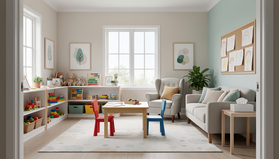 Child-friendly therapy office with soft seating, natural light, and welcoming decor