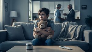 Child on a living room sofa holding a stuffed animal while two adults in the background stand in a kitchen with tense postures; an unlabeled pill bottle and digital thermometer rest on the coffee table, soft window light, shallow depth of field.