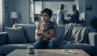 Child on a living room sofa holding a stuffed animal while two adults in the background stand in a kitchen with tense postures; an unlabeled pill bottle and digital thermometer rest on the coffee table, soft window light, shallow depth of field.