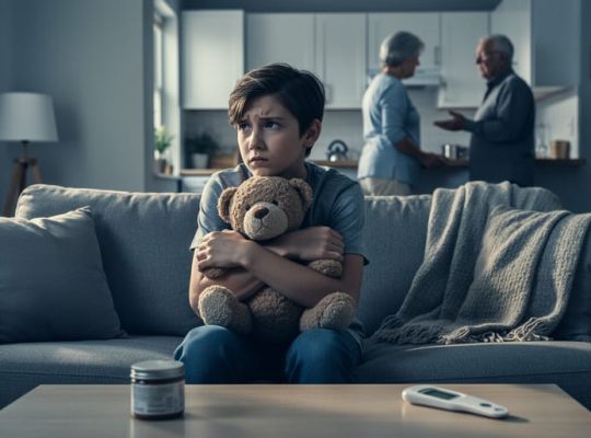 Child on a living room sofa holding a stuffed animal while two adults in the background stand in a kitchen with tense postures; an unlabeled pill bottle and digital thermometer rest on the coffee table, soft window light, shallow depth of field.