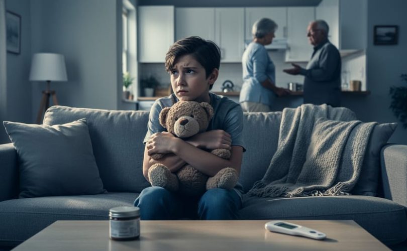 Child on a living room sofa holding a stuffed animal while two adults in the background stand in a kitchen with tense postures; an unlabeled pill bottle and digital thermometer rest on the coffee table, soft window light, shallow depth of field.