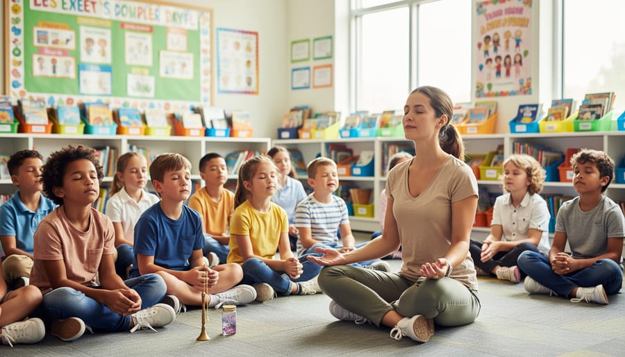Diverse group of elementary students practicing mindfulness meditation in a circle on classroom floor