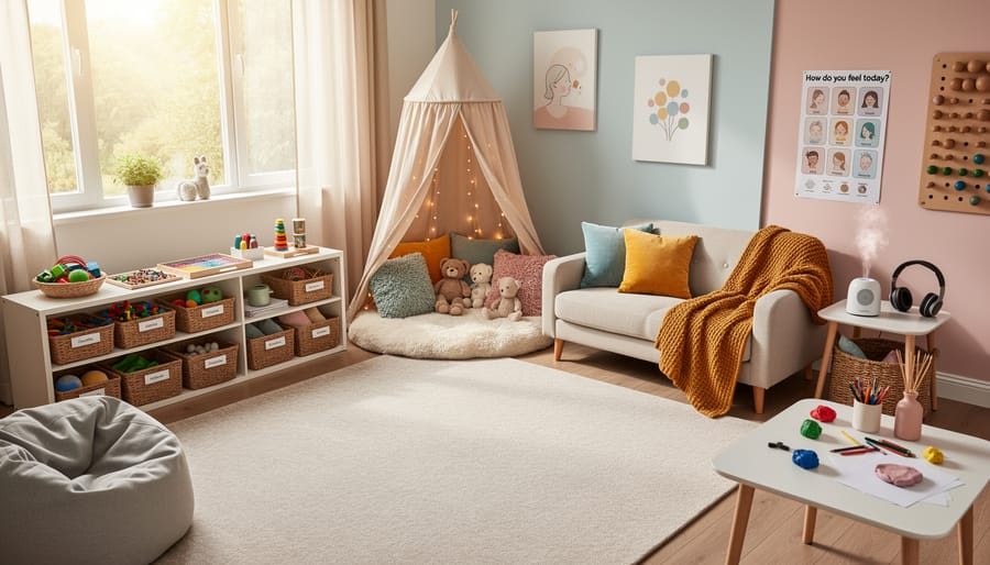 Therapist arranging comfortable cushions and toys in child-friendly therapy space