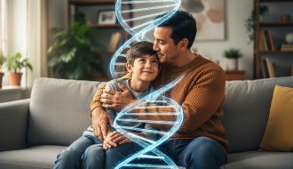 Parent gently embracing a school-age child on a sofa with soft DNA helix light trails around them, warm side window light, shallow depth of field, blurred cozy living room in background