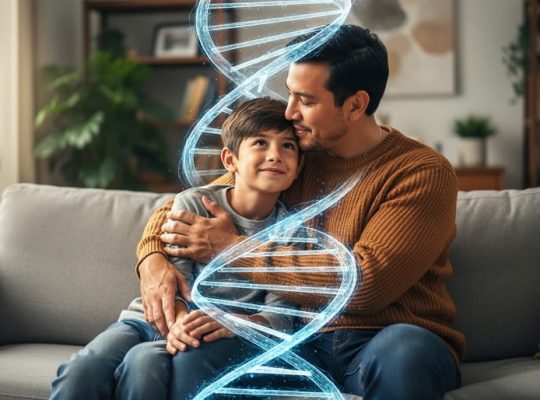 Parent gently embracing a school-age child on a sofa with soft DNA helix light trails around them, warm side window light, shallow depth of field, blurred cozy living room in background