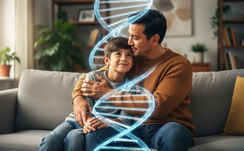 Parent gently embracing a school-age child on a sofa with soft DNA helix light trails around them, warm side window light, shallow depth of field, blurred cozy living room in background