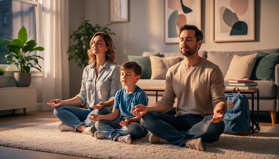 Parent and child practicing breathing exercises together on living room couch