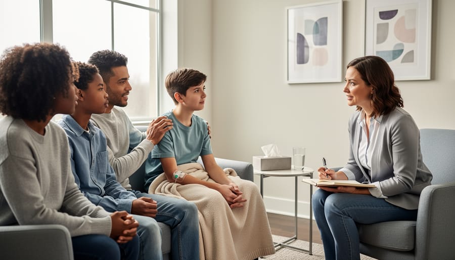Family engaged in therapy session with professional counselor in warm office setting