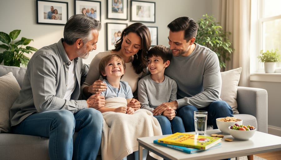 Parent and child sharing positive moment together reading on couch in warm home setting