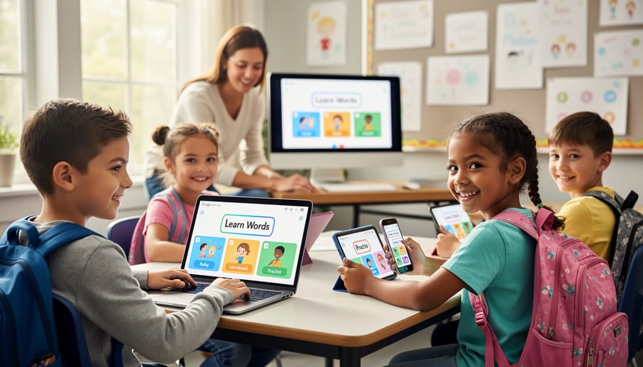 Diverse group of children using various devices for educational language learning activities