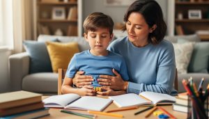 Parent guiding an elementary-age child in belly breathing at a homework table, child’s hand on belly and holding a small fidget, with soft side window light and a blurred background of books and a cozy living room.