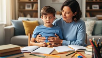 Parent guiding an elementary-age child in belly breathing at a homework table, child’s hand on belly and holding a small fidget, with soft side window light and a blurred background of books and a cozy living room.
