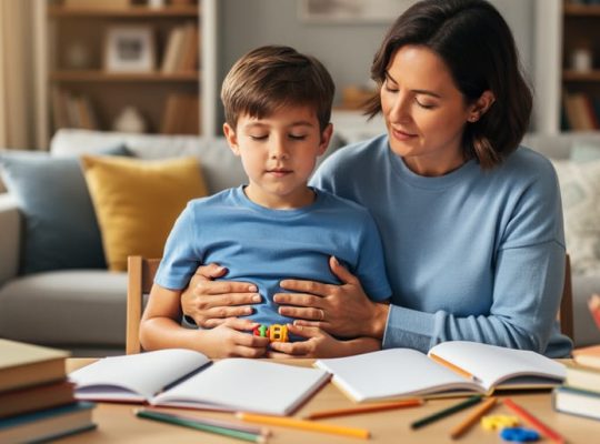 Parent guiding an elementary-age child in belly breathing at a homework table, child’s hand on belly and holding a small fidget, with soft side window light and a blurred background of books and a cozy living room.