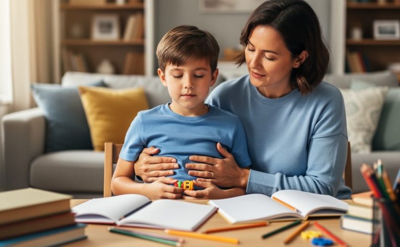 Parent guiding an elementary-age child in belly breathing at a homework table, child’s hand on belly and holding a small fidget, with soft side window light and a blurred background of books and a cozy living room.