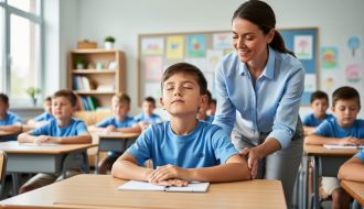 Elementary student at a classroom desk with eyes closed, taking a deep breath as a supportive teacher stands nearby; soft daylight and blurred classmates and decor in the background.