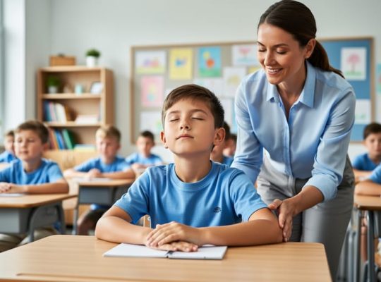 Elementary student at a classroom desk with eyes closed, taking a deep breath as a supportive teacher stands nearby; soft daylight and blurred classmates and decor in the background.