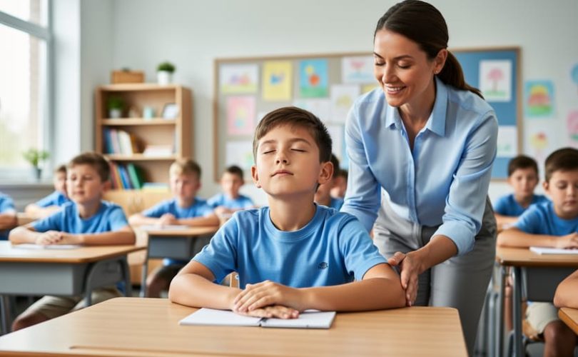 Elementary student at a classroom desk with eyes closed, taking a deep breath as a supportive teacher stands nearby; soft daylight and blurred classmates and decor in the background.