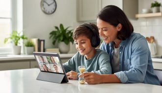 Parent and elementary-age child at a kitchen table using a tablet for a collaborative online lesson; child wearing headphones, parent holding a sand timer; soft natural light with a blurred wall clock, books, and plants in the background.