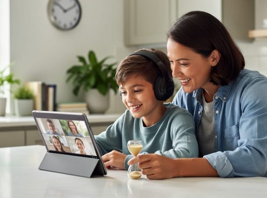 Parent and elementary-age child at a kitchen table using a tablet for a collaborative online lesson; child wearing headphones, parent holding a sand timer; soft natural light with a blurred wall clock, books, and plants in the background.