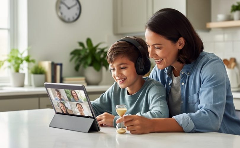 Parent and elementary-age child at a kitchen table using a tablet for a collaborative online lesson; child wearing headphones, parent holding a sand timer; soft natural light with a blurred wall clock, books, and plants in the background.