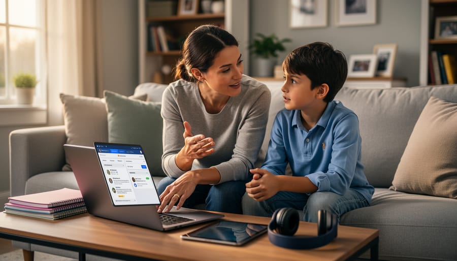 Parent and child sitting together looking at tablet with positive expressions showing communication