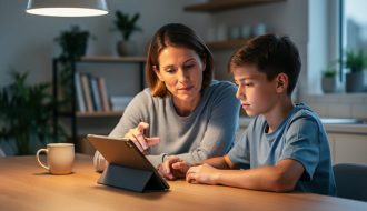 Parent guiding a preteen at a kitchen table while they look at a tablet together, softly lit with a blurred cozy home background and no visible screen text.
