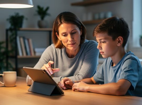 Parent guiding a preteen at a kitchen table while they look at a tablet together, softly lit with a blurred cozy home background and no visible screen text.