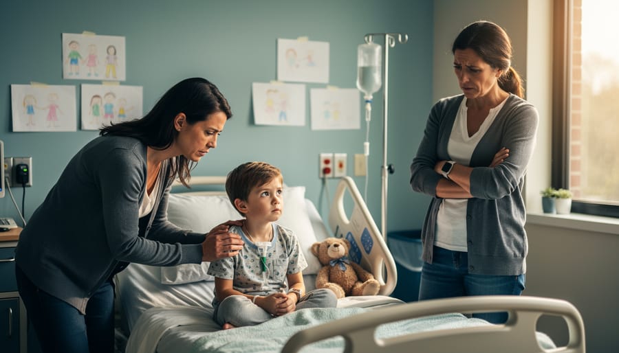 Parent sitting beside chronically ill child on hospital bed in supportive pose
